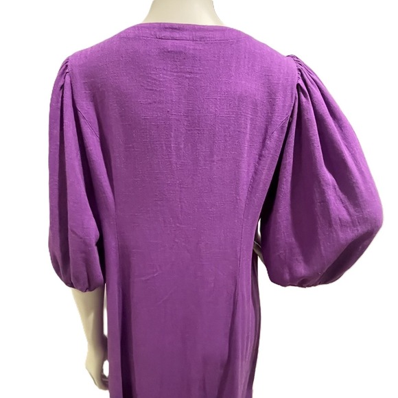J.Jill Petite M Purple Puff Sleeve Linen Blend Midi Dress Button Front Boho - Picture 7 of 13